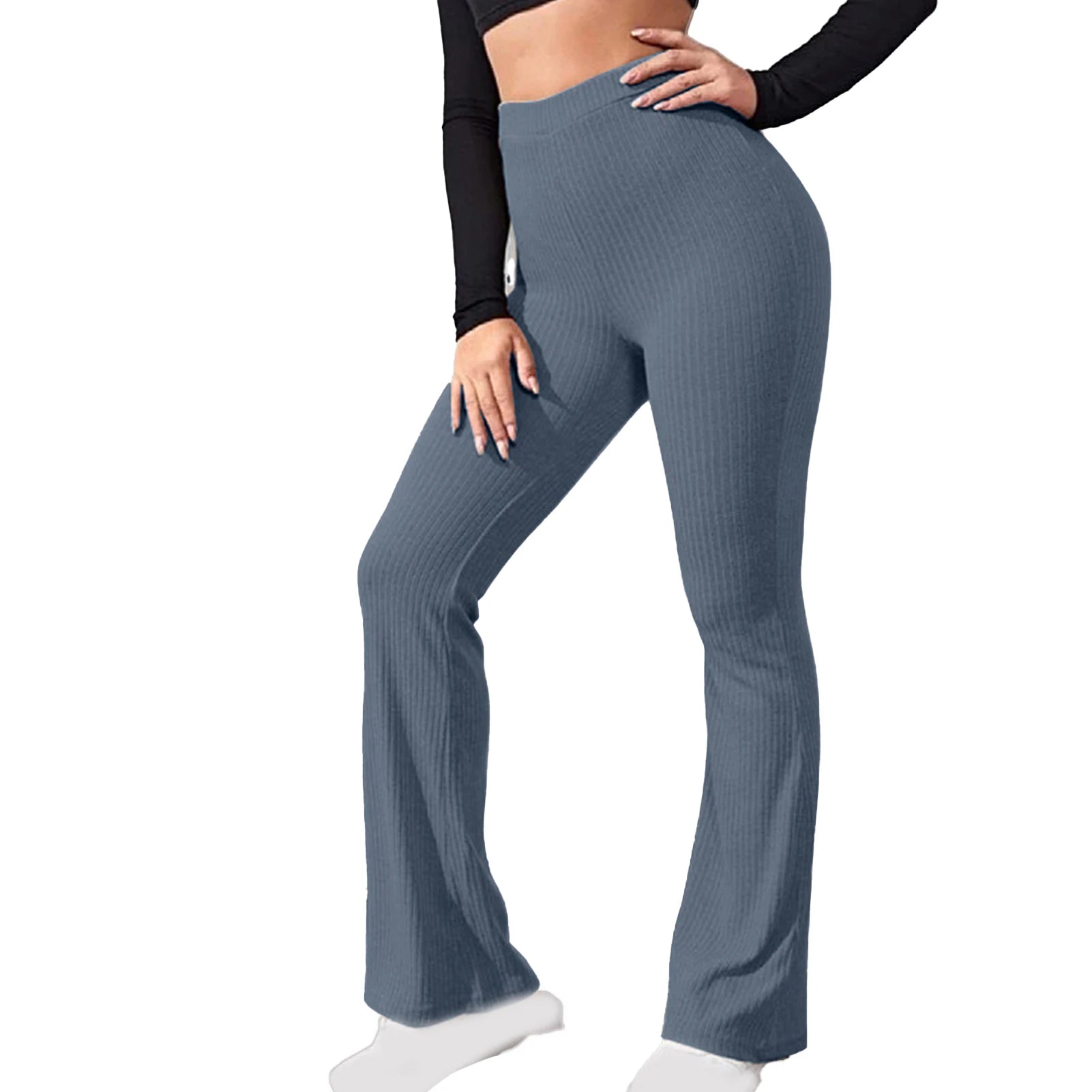 Black Knitted Long Trousers 2021 New Women Stretch Flare Pants Solid Color High Waist Skinny Casual Pants Streetwear