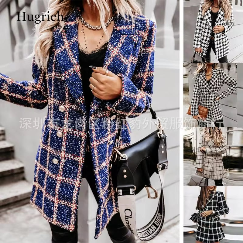 Fashion Woolen Printing Coats Outwear Houndstooth Women Jackets Long Sleeve Slim Fits Lapel Mid-Length Coat Jackets