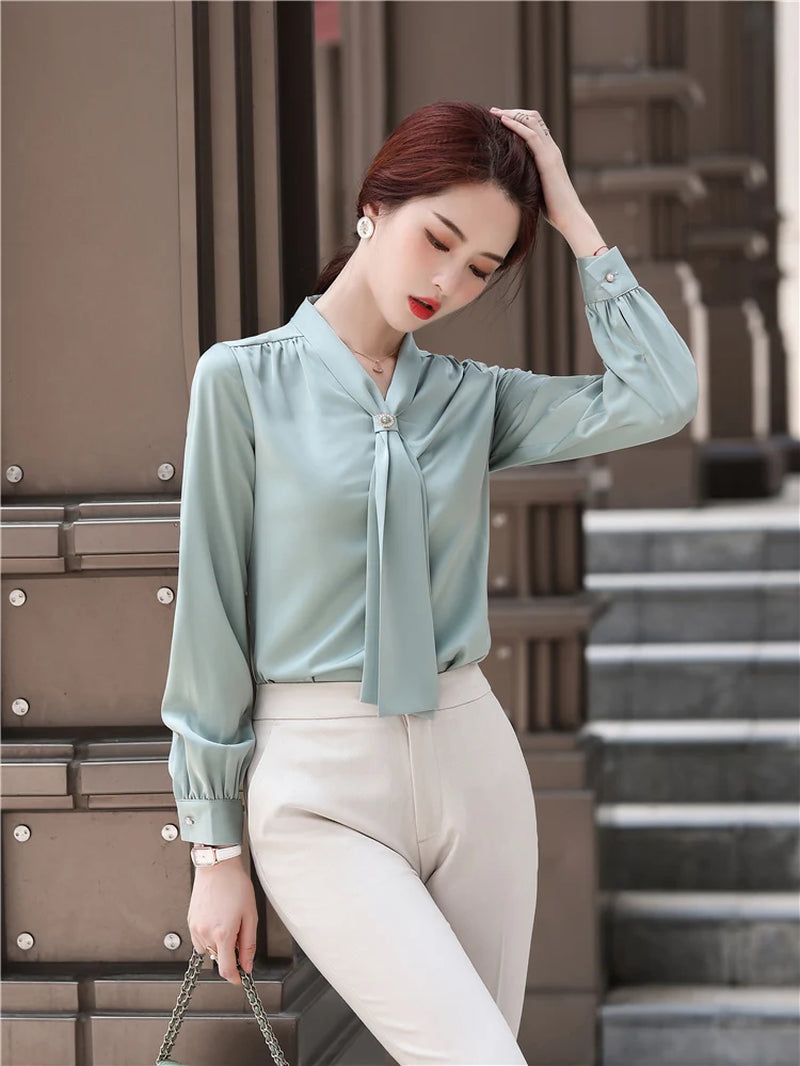 Loose Casual Blouse with Ribbon for Women, Pink, Light Green, Office Lady, Business Tops, High Quality, Spring Fashion, Shirt