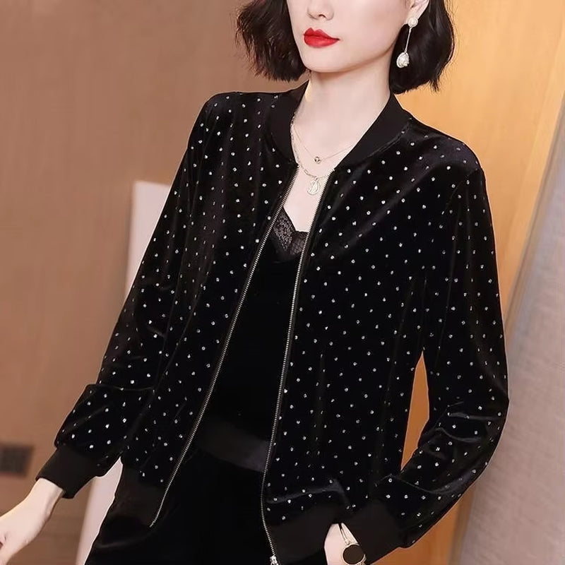 New 5XL Long Sleeve Thin Basic Jacket Female Bomber Zipper Baseball Jackets Gold Velvet Black Women Jackets