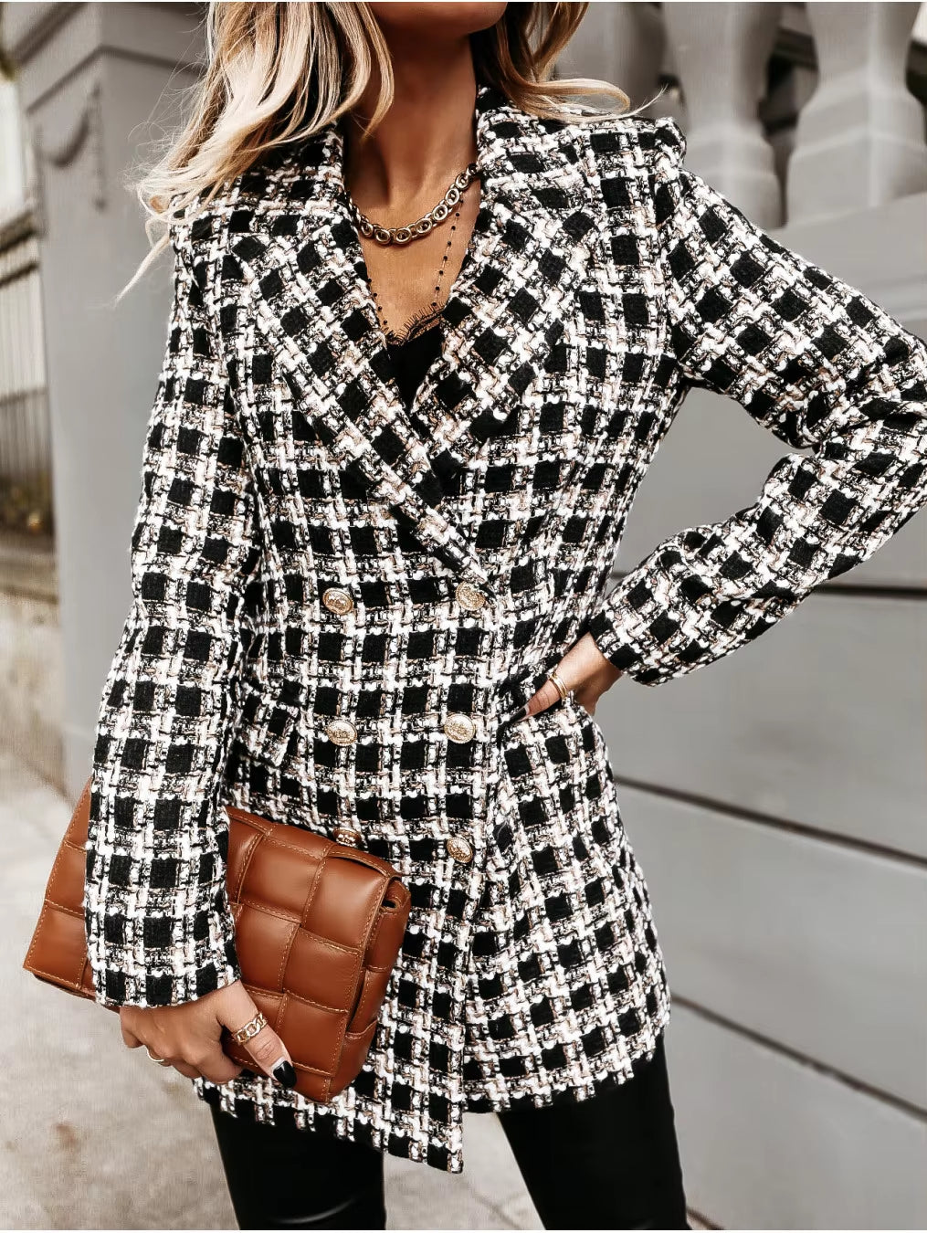 Fashion Woolen Printing Coats Outwear Houndstooth Women Jackets Long Sleeve Slim Fits Lapel Mid-Length Coat Jackets