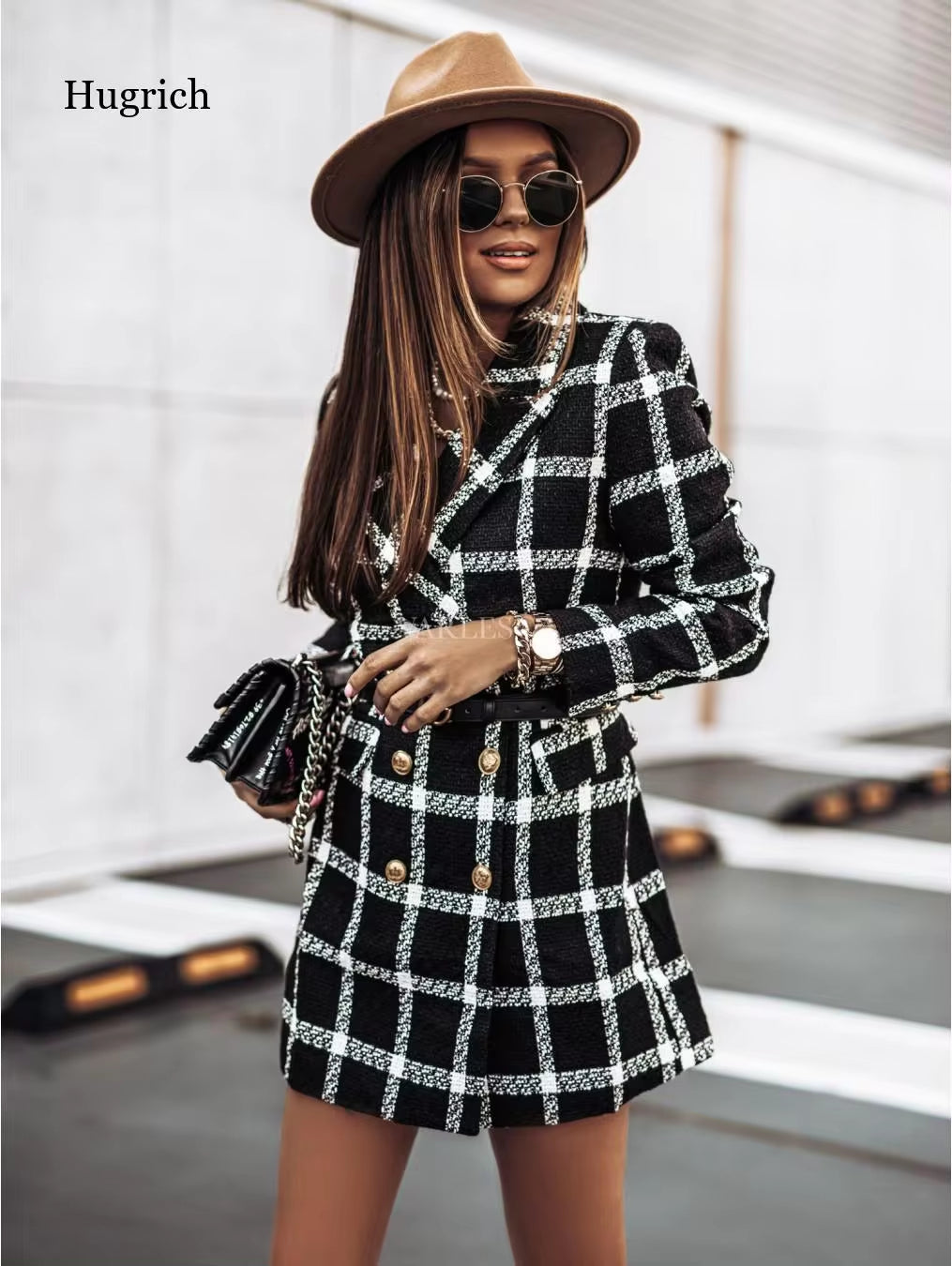 Fashion Woolen Printing Coats Outwear Houndstooth Women Jackets Long Sleeve Slim Fits Lapel Mid-Length Coat Jackets