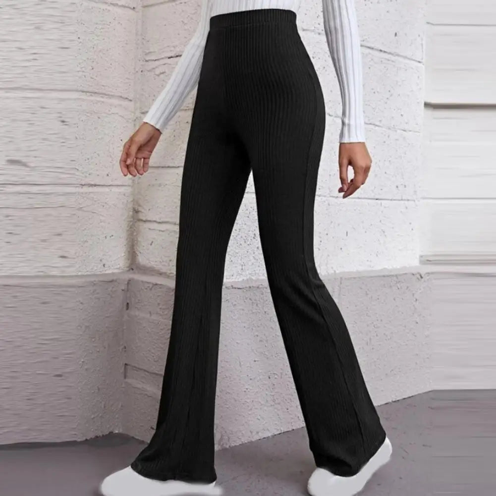 Black Knitted Long Trousers 2021 New Women Stretch Flare Pants Solid Color High Waist Skinny Casual Pants Streetwear