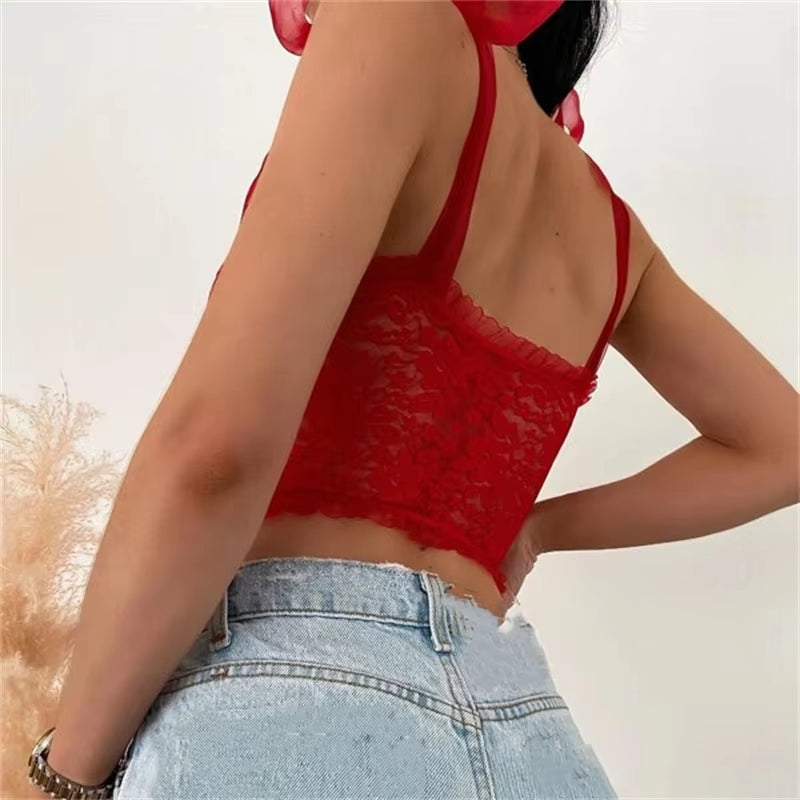 Women Strap Mesh Lace Foral Bustiers Crop Top Sexy Bow Lace-Up Low Cut Corsets Tank Hollow Out Vest Clubwear 2022 Summer Clothes