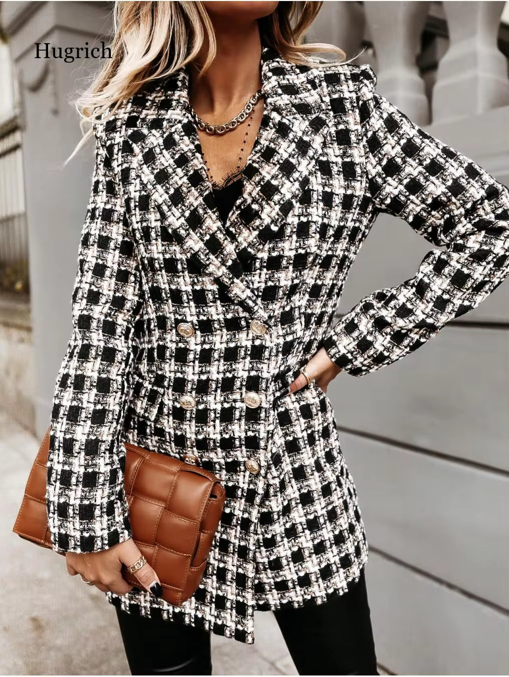 Fashion Woolen Printing Coats Outwear Houndstooth Women Jackets Long Sleeve Slim Fits Lapel Mid-Length Coat Jackets