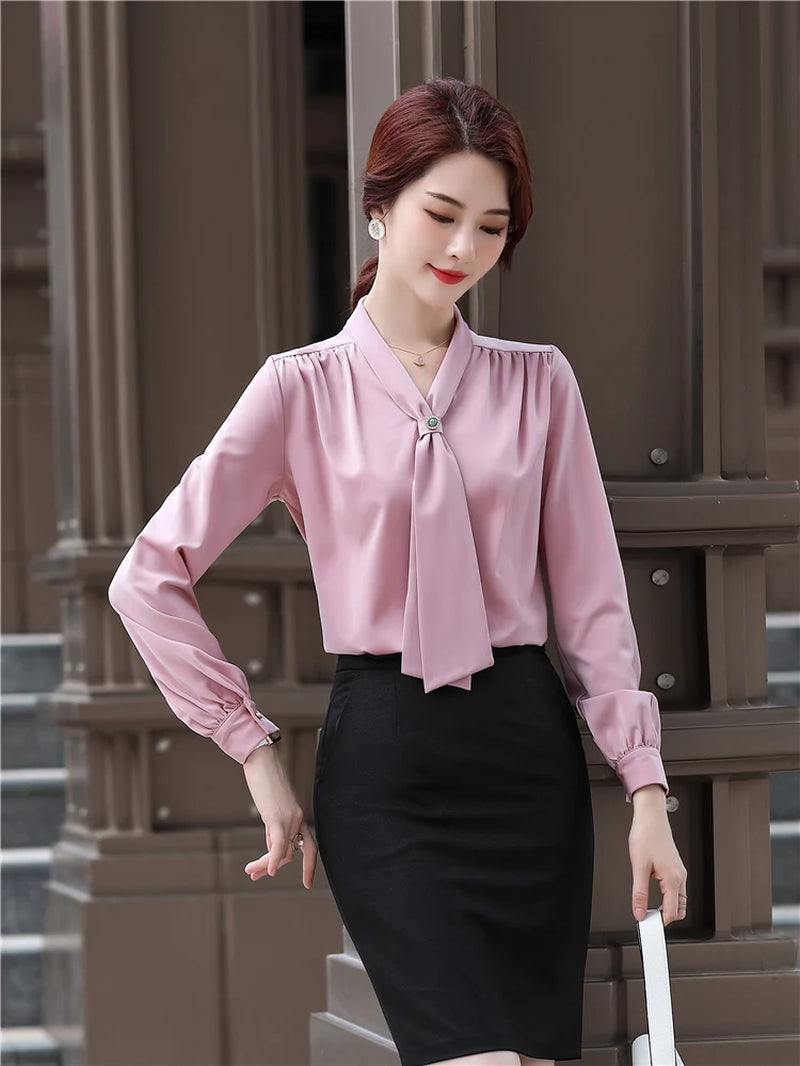 Loose Casual Blouse with Ribbon for Women, Pink, Light Green, Office Lady, Business Tops, High Quality, Spring Fashion, Shirt