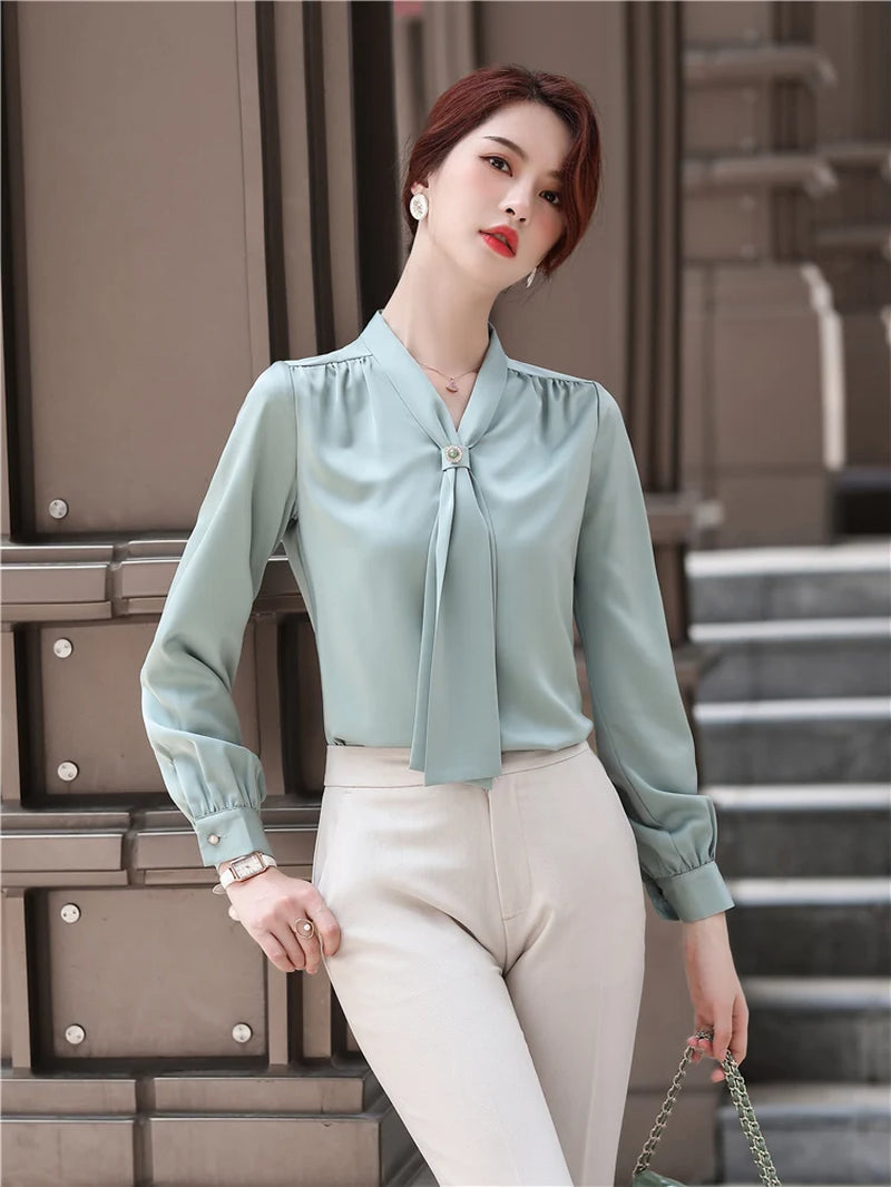 Loose Casual Blouse with Ribbon for Women, Pink, Light Green, Office Lady, Business Tops, High Quality, Spring Fashion, Shirt