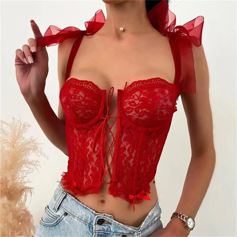 Women Strap Mesh Lace Foral Bustiers Crop Top Sexy Bow Lace-Up Low Cut Corsets Tank Hollow Out Vest Clubwear 2022 Summer Clothes