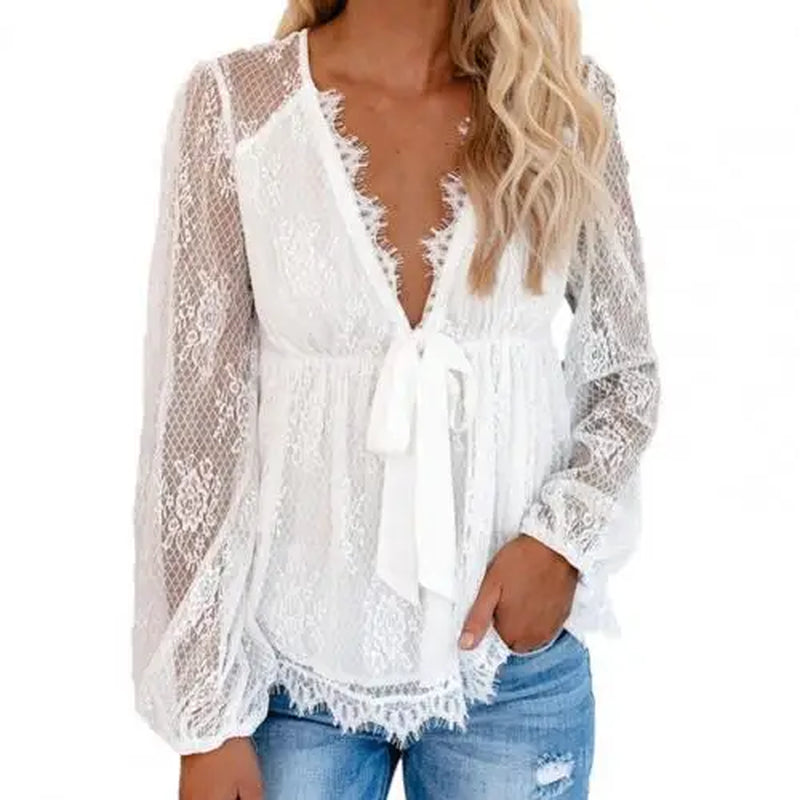 Women Deep V Neck Lace Blouse Ladies Elegant Embroidery Stitching Bowknot White Shirts Tops Transparent Long Sleeve Clothing