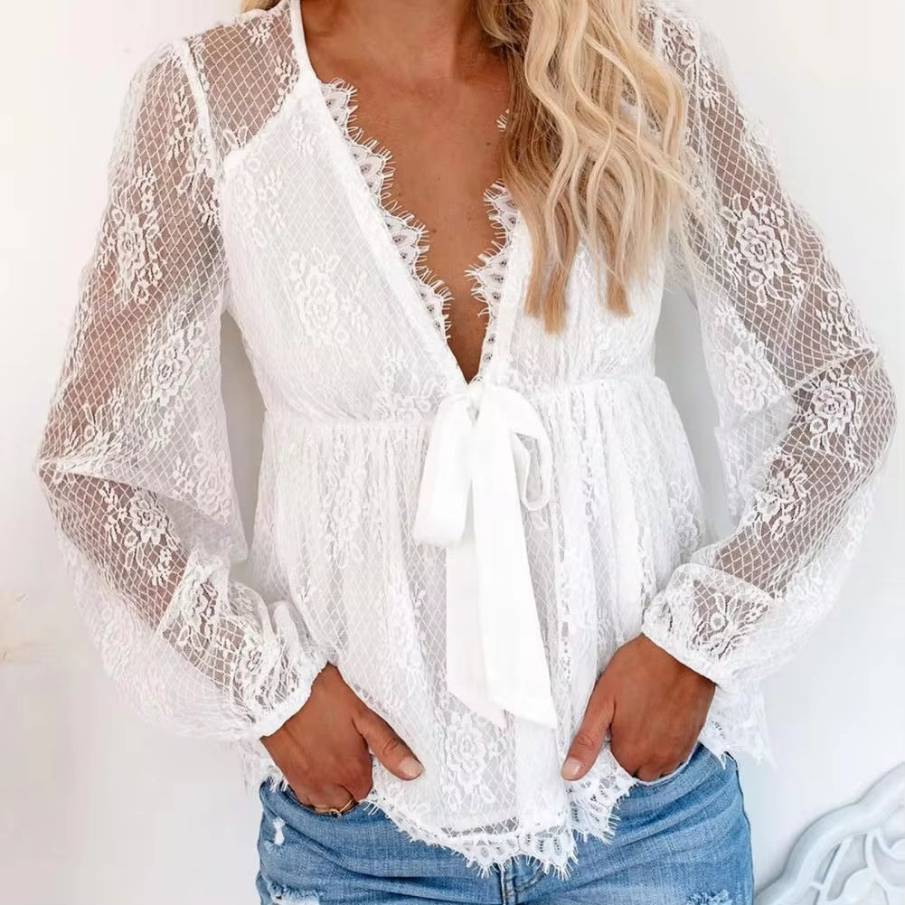 Women Deep V Neck Lace Blouse Ladies Elegant Embroidery Stitching Bowknot White Shirts Tops Transparent Long Sleeve Clothing