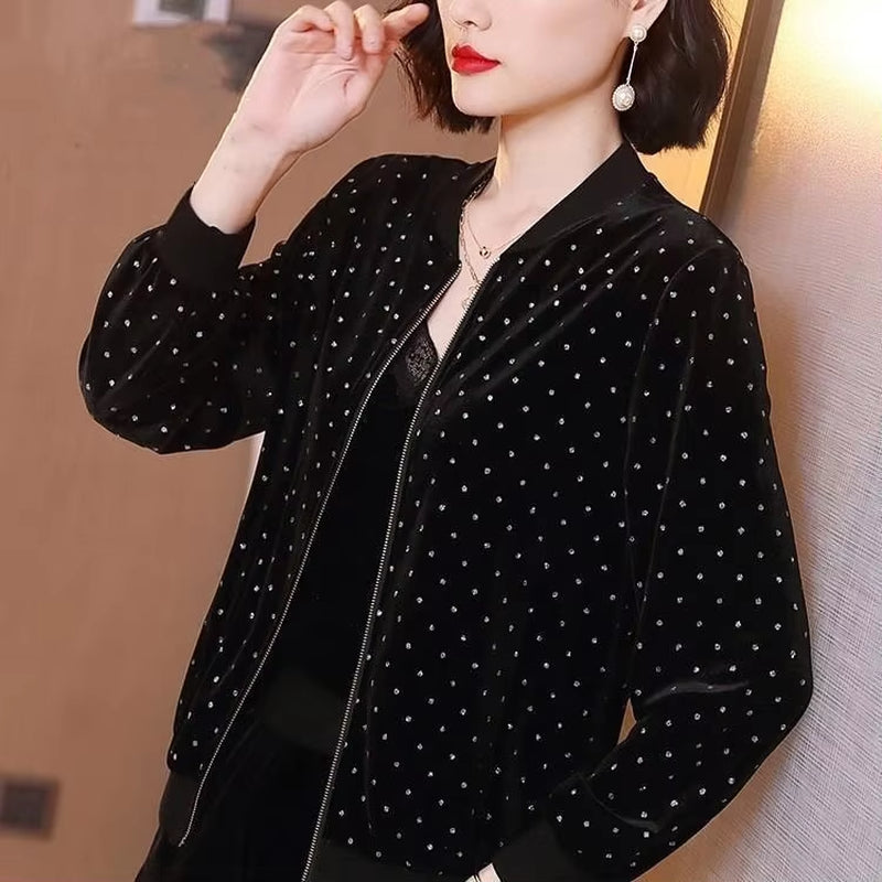 New 5XL Long Sleeve Thin Basic Jacket Female Bomber Zipper Baseball Jackets Gold Velvet Black Women Jackets