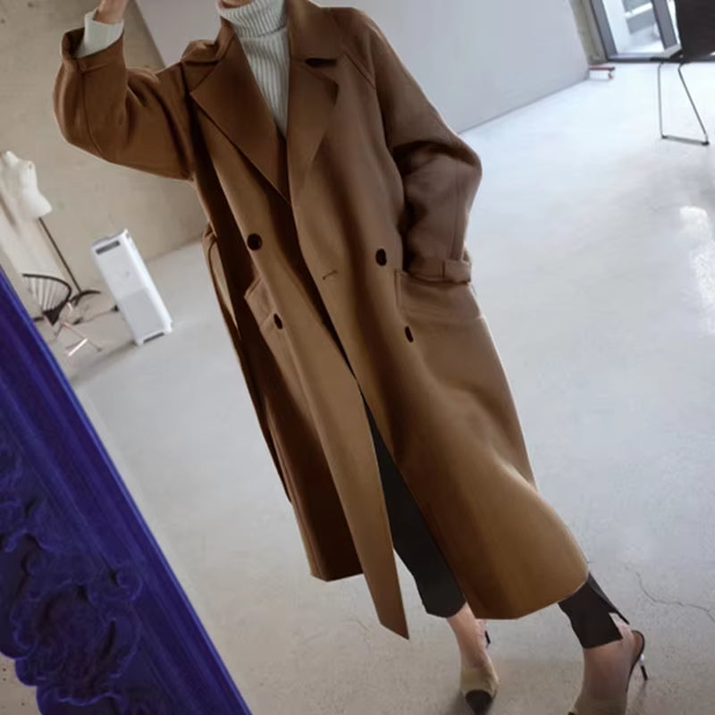 Women Winter Coats 2023 Autumn and Winter New Femmes Women'S Solid Color Lapel Loose Long Double-Sided Wool Coat Female Jas