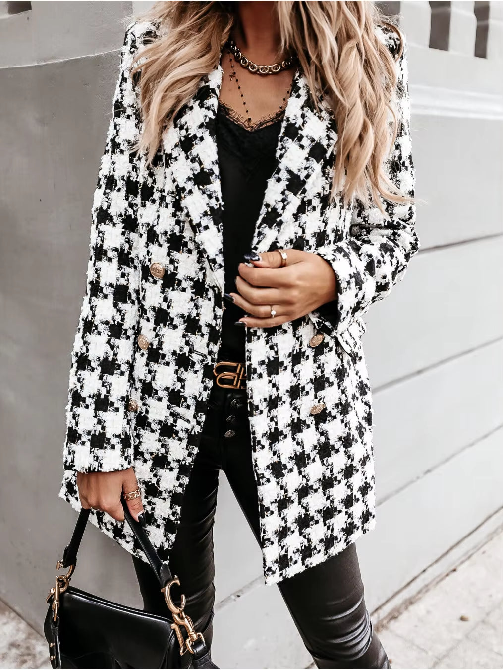 Fashion Woolen Printing Coats Outwear Houndstooth Women Jackets Long Sleeve Slim Fits Lapel Mid-Length Coat Jackets