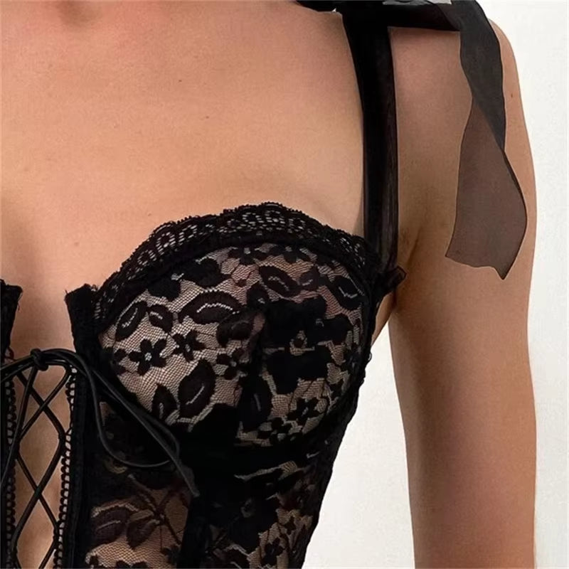 Women Strap Mesh Lace Foral Bustiers Crop Top Sexy Bow Lace-Up Low Cut Corsets Tank Hollow Out Vest Clubwear 2022 Summer Clothes